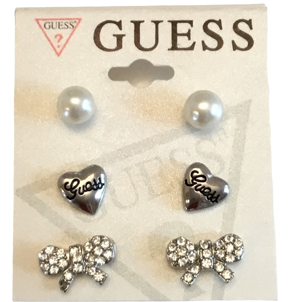 Guess Multi Pair Earring Set Silver-tone Studs Hearts Rhinestone Bows Pearls NWT